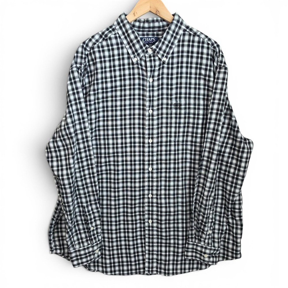 Chaps‎ Shirt Mens 2XB Black Plaid Button Down Stretch Easy Care Long Sleeve